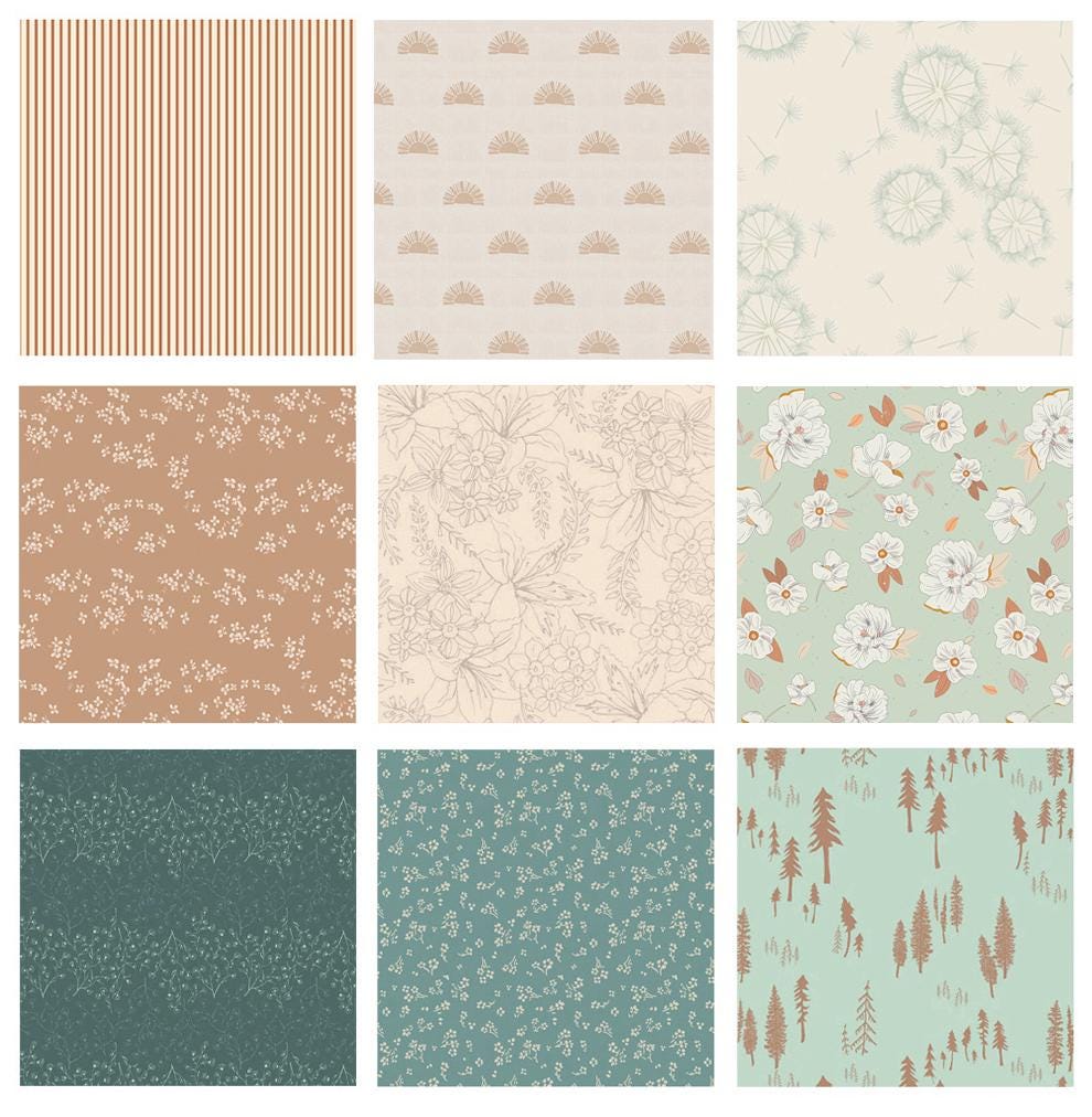 Mint Condition Curated Bundle | Pastel Colors | Tan Cream Mint Green Floral Quilt Fabrics | Various Art Gallery Fabrics and Designers