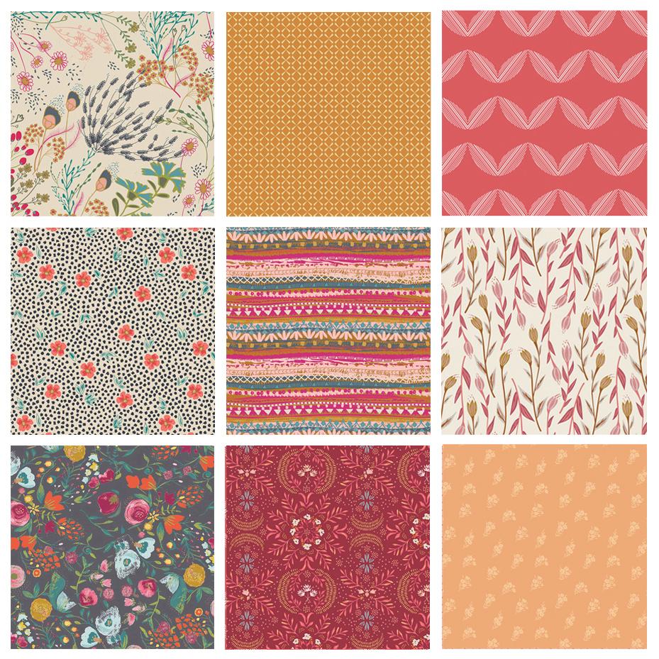 Happy Accident Curated Bundle | Indie Folk Pat Bravo Fabrics | Traditional Patterns | Gray Pink Red Quilt Assortment | Art Gallery Fabrics