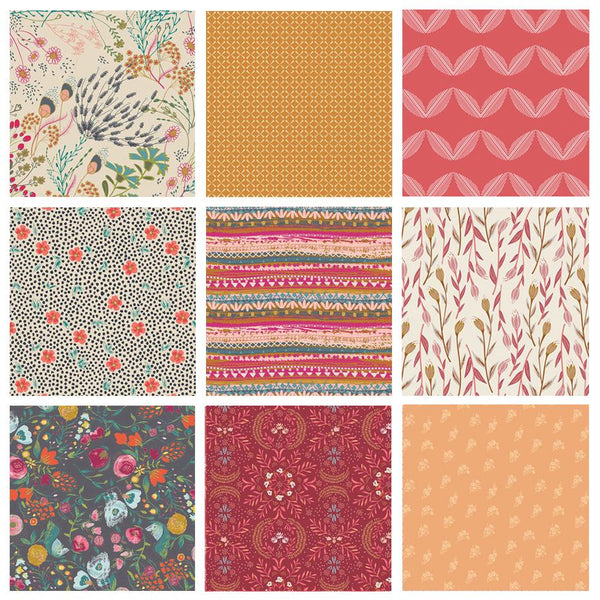 Happy Accident Curated Bundle | Indie Folk Pat Bravo Fabrics | Traditional Patterns | Gray Pink Red Quilt Assortment | Art Gallery Fabrics