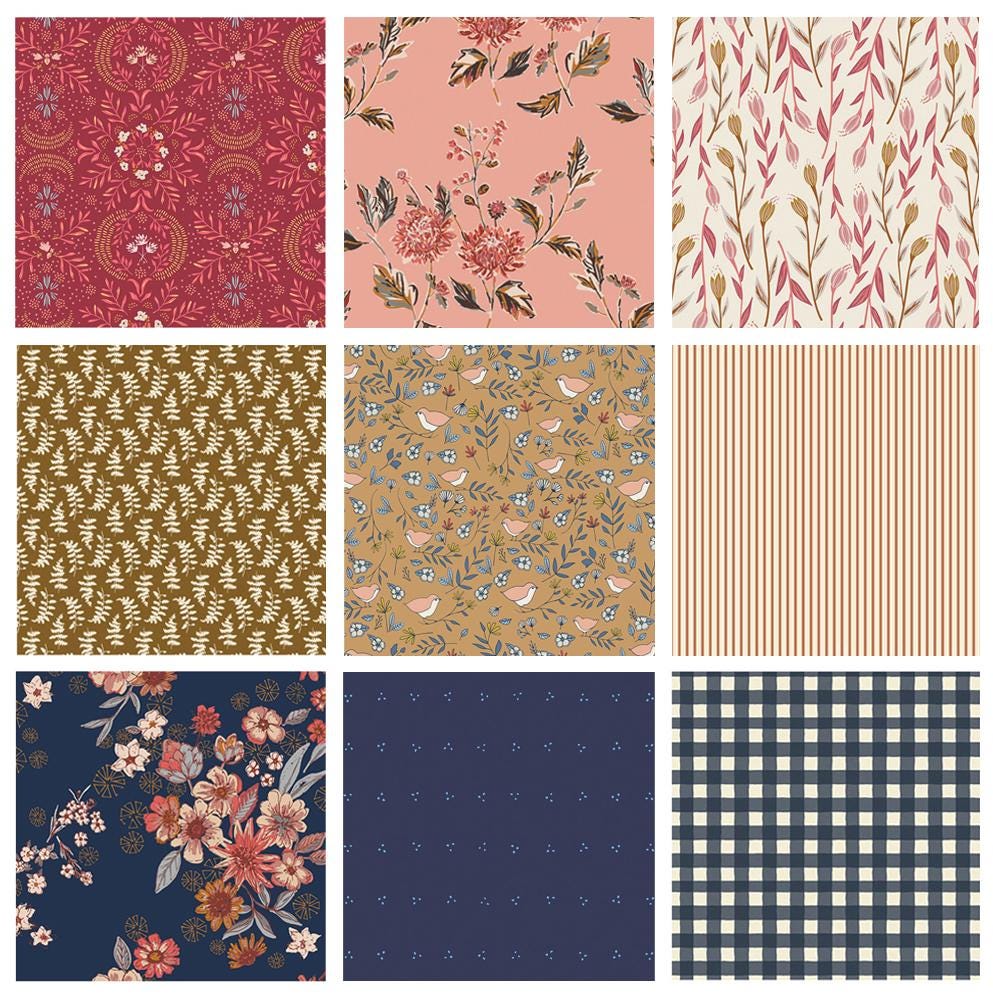 Coffee Klatsch Curated Bundle | Navy Tan Red Florals with Birds | Various Art Gallery Fabrics Designers and Collections