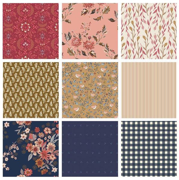 Coffee Klatsch Curated Bundle | Navy Tan Red Florals with Birds | Various Art Gallery Fabrics Designers and Collections