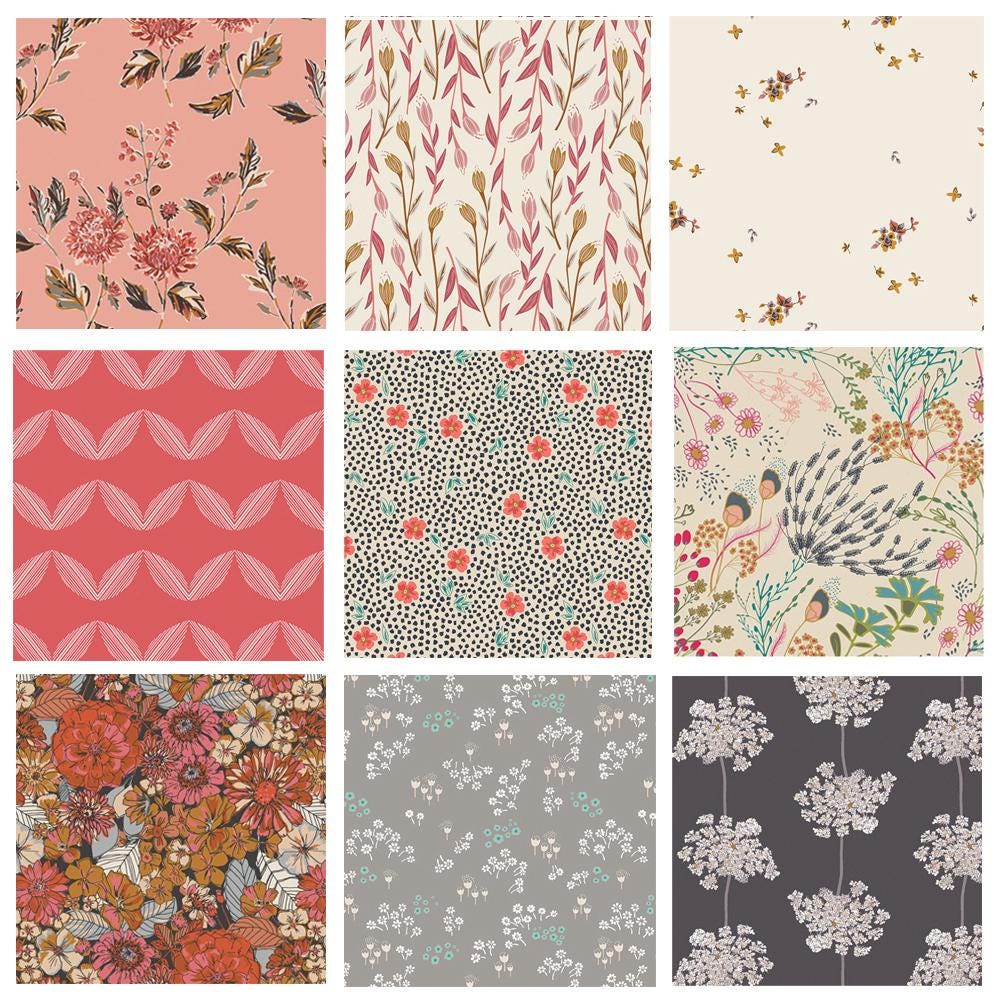 Tea and Biscuits Curated Bundle | Indie Folk Earthen | Gray Gold Red Florals | Various Art Gallery Fabrics Designers and Collections