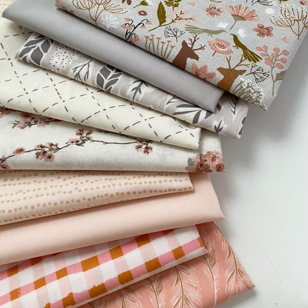 Rustling Leaves Curated Bundle | Gray Pink Floral Quilt Fabrics with Deer Birds | Various Art Gallery Fabrics and Designers