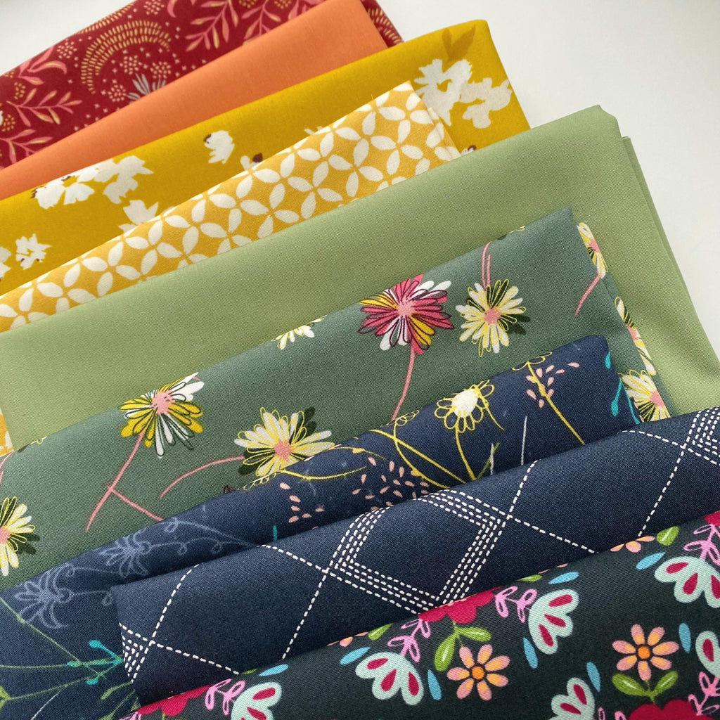In Abundance Curated Bundle | Gold Navy Green Floral Fabrics | Indie Folk by Pat Bravol | Deep Rich Fat Quarters | Half Yard Bundle | AGF