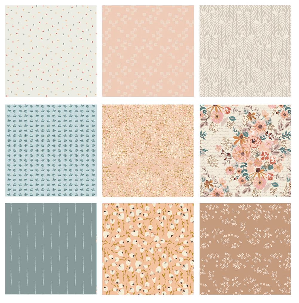 With a Little Patience Curated Bundle | Peach Blue Ivory |  Quilt Fabrics with Flowers | Various Art Gallery Fabrics and Designers
