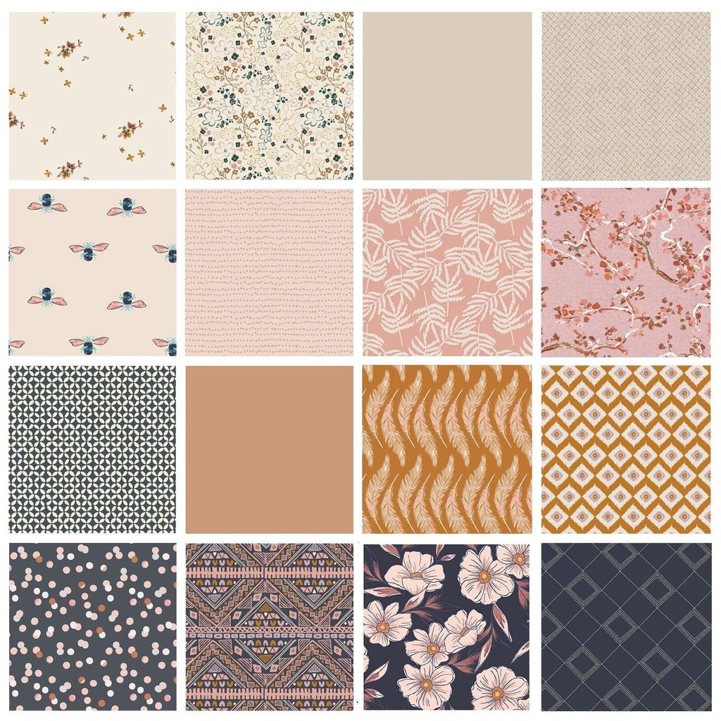 Feathers and Ferns Curated Quilt Bundle | Sharon Holland Maureen Cracknell | Flowers Bees | Navy Pink Sienna | Various Art Gallery Fabrics