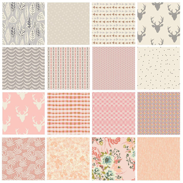 Woodland Quilting Fabric with Deer | Pink and Gray Hello Bear Quilt Fabric for Girls | Forest Floor | Art Gallery | Bonnie Christine
