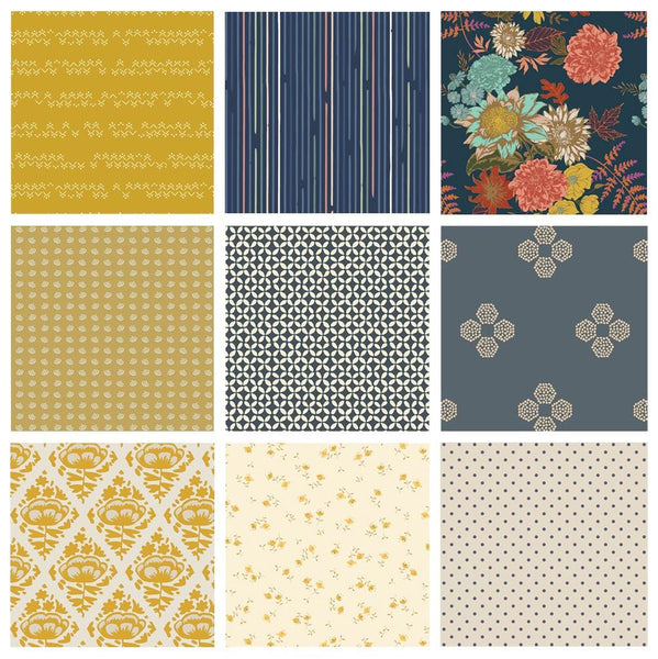 Midnight Sun Curated Bundle | Gold Navy Blue |  Modern Floral Fabrics | Various Art Gallery Fabrics and Designers