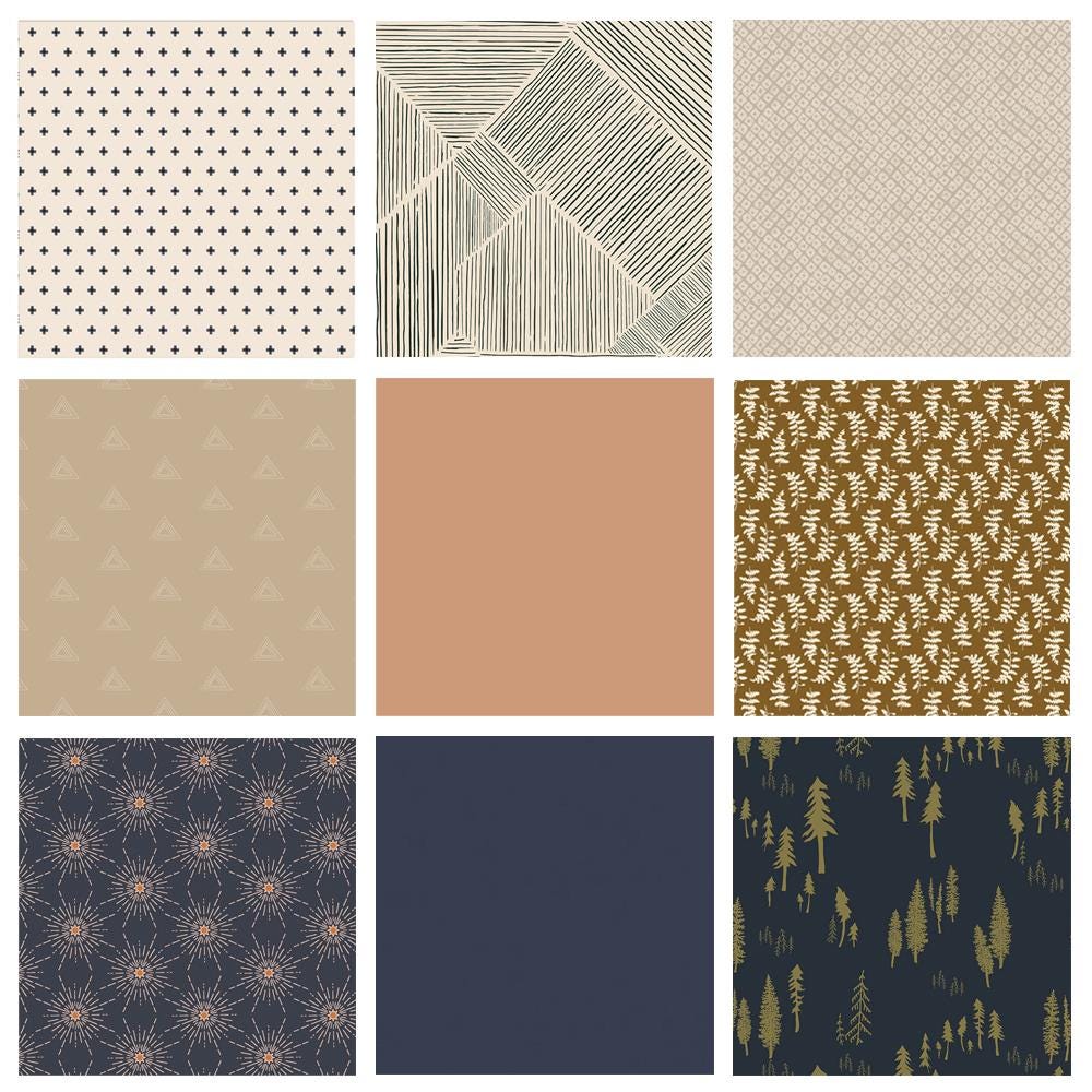 Pine Grove Curated Bundle | Fabrics for Boy's Nursery | Navy Brown Tan Woodland Fabric | Various Art Gallery Fabrics and Designers