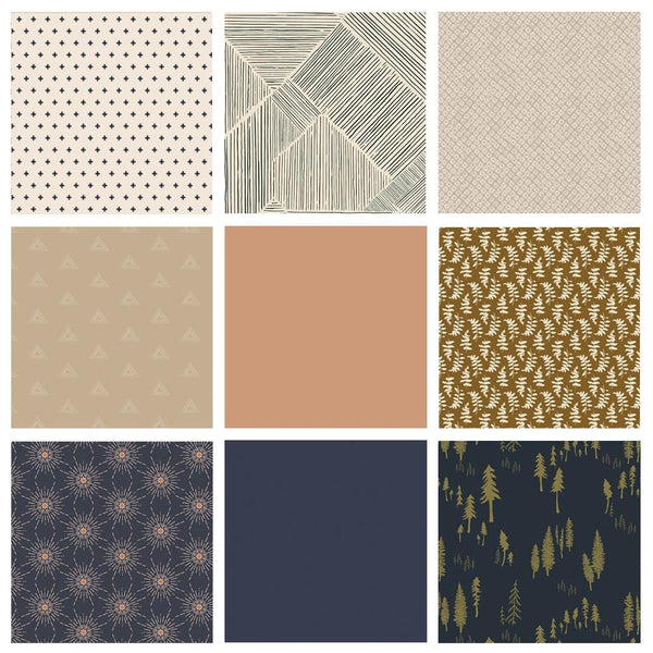 Pine Grove Curated Bundle | Fabrics for Boy's Nursery | Navy Brown Tan Woodland Fabric | Various Art Gallery Fabrics and Designers
