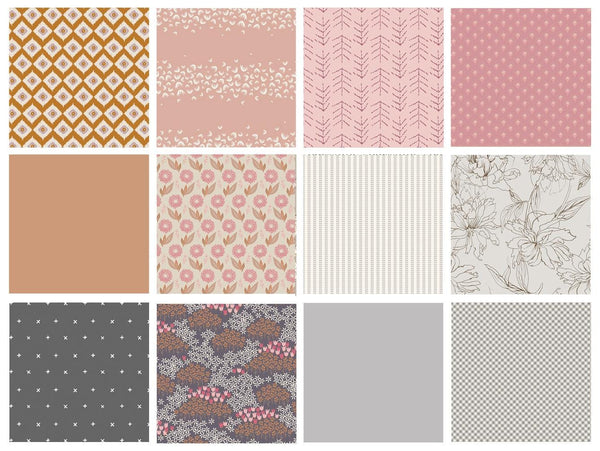 Subtle Pleasures Curated Quilt Bundle | Gray Pink Tan Floral Fabrics | Modern Designs | FQ Half Yard Bundles | Various Art Gallery Designers