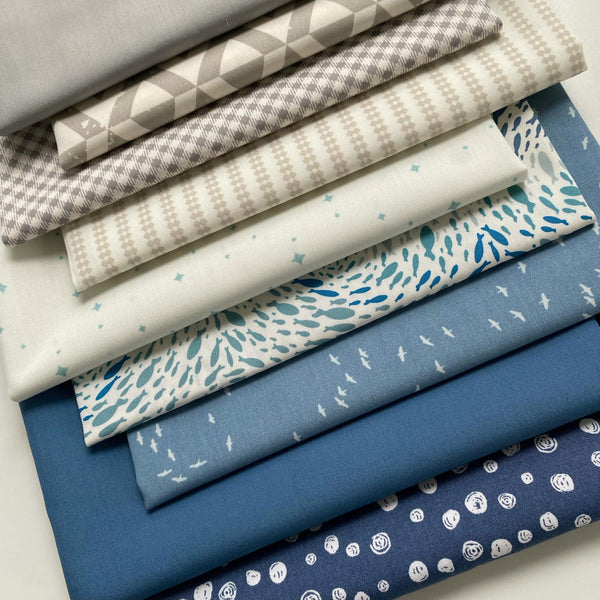 Skipping Stones Curated Bundle | Blue Gray Fabrics with Birds and Fish for Baby Boy's Quilt | Various Art Gallery Fabrics and Designers
