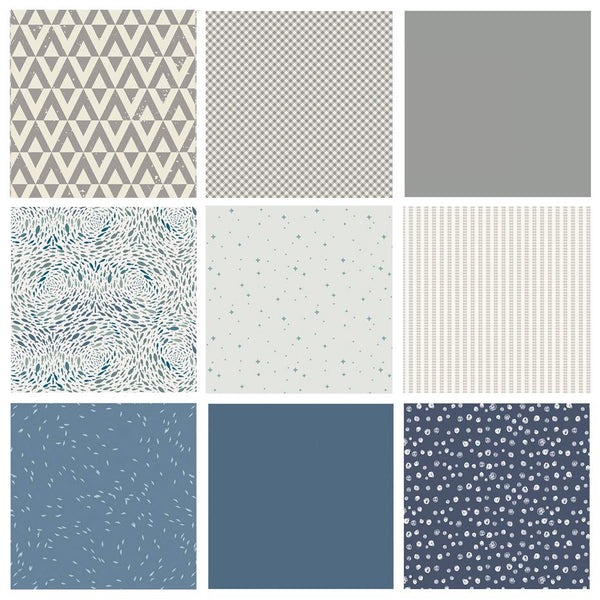 Skipping Stones Curated Bundle | Blue Gray Fabrics with Birds and Fish for Baby Boy's Quilt | Various Art Gallery Fabrics and Designers