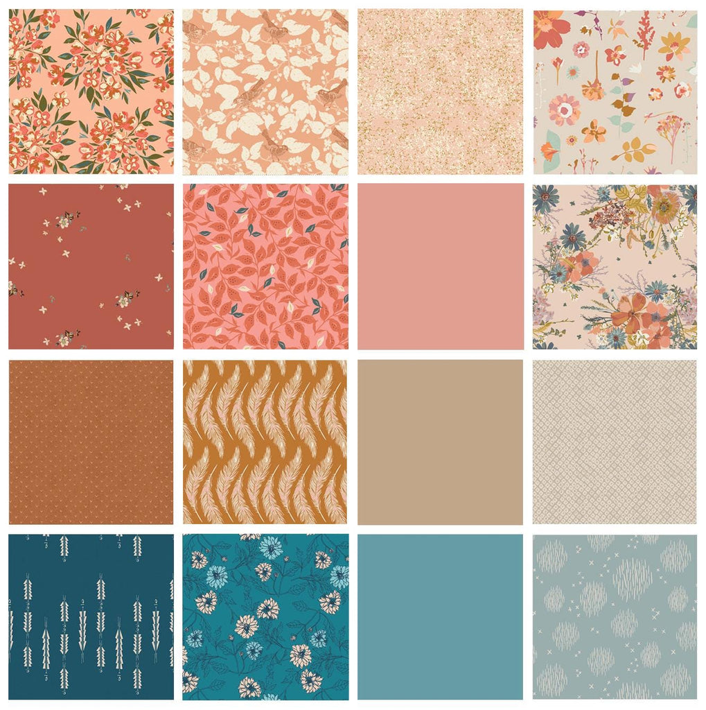 Birdsongs Curated Bundle | Boho Quilt Fabrics | Sienna Teal Orange Floral Quilt with Birds | Earthy Colors | Various AGF Prints and Solids