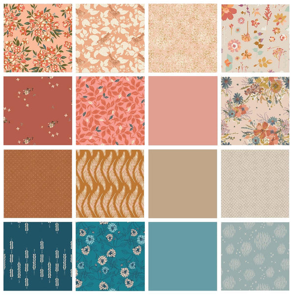 Birdsongs Curated Bundle | Boho Quilt Fabrics | Sienna Teal Orange Floral Quilt with Birds | Earthy Colors | Various AGF Prints and Solids