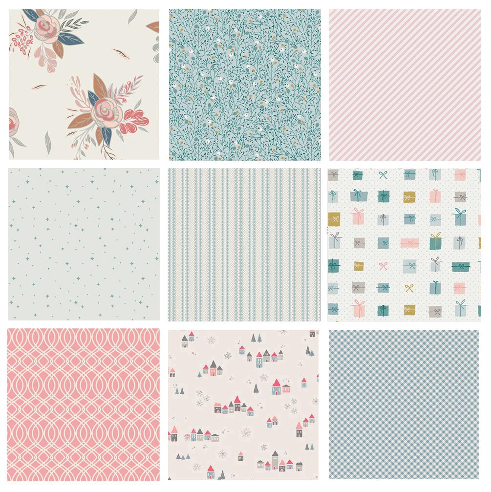 Modern Christmas Fabric Bundle | Winter Theme Fabrics for Girl's Quilt | Blue Pink Gray Quilt Bundle | Little Town | Art Gallery Fabrics