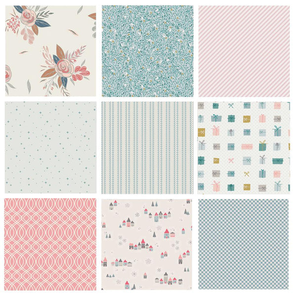 Modern Christmas Fabric Bundle | Winter Theme Fabrics for Girl's Quilt | Blue Pink Gray Quilt Bundle | Little Town | Art Gallery Fabrics