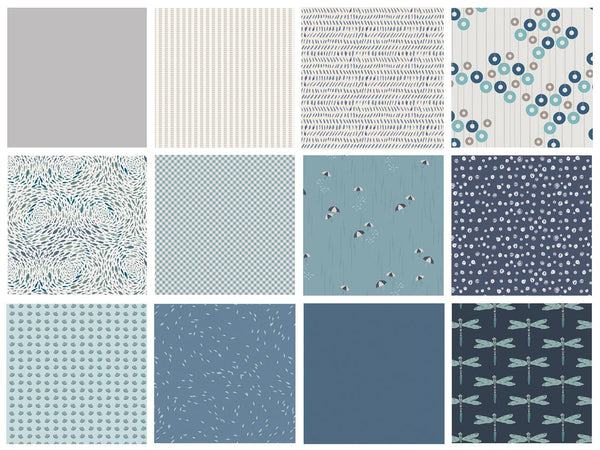 Blueberry Pie Curated Quilt Bundle | Gray Ivory Blue | Fat Quarters for Baby Boys | Birds Dragonflies Nature | Art Gallery Fabrics