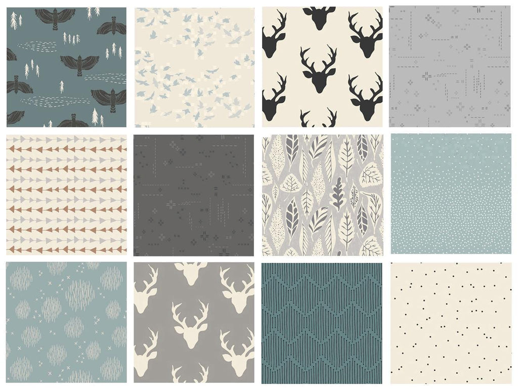Blue Gray Black Woodland Quilt Bundle | Hello Bear | Lambkin | Deer Heads | Fat Quarters for Men | Trees Birds Hunting | Art Gallery Fabrics