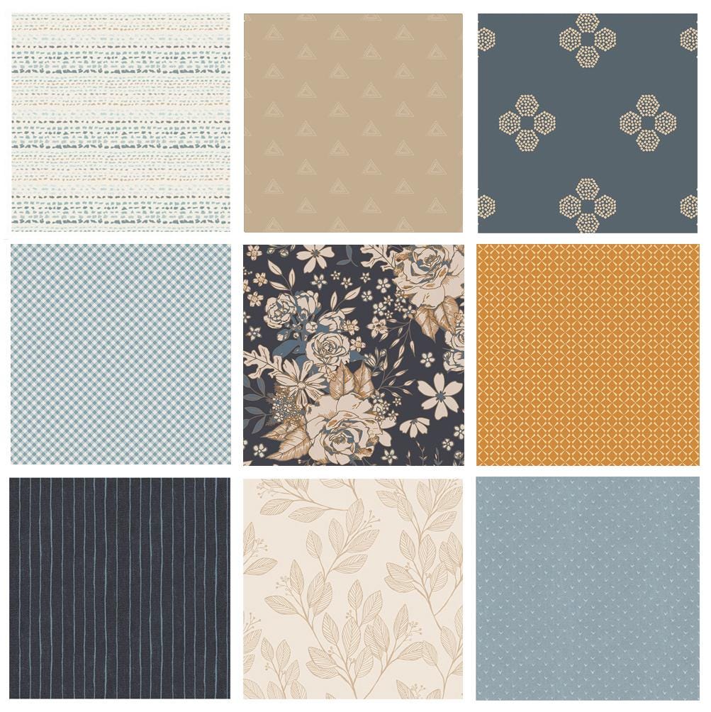 By the Book Curated Quilt Bundle | Navy and Tan Floral Fabrics | Various AGF Designers and Collections