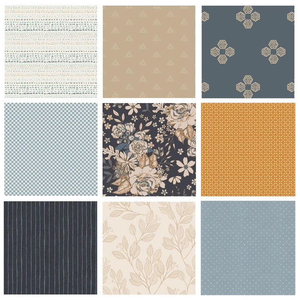 By the Book Curated Quilt Bundle | Navy and Tan Floral Fabrics | Various AGF Designers and Collections
