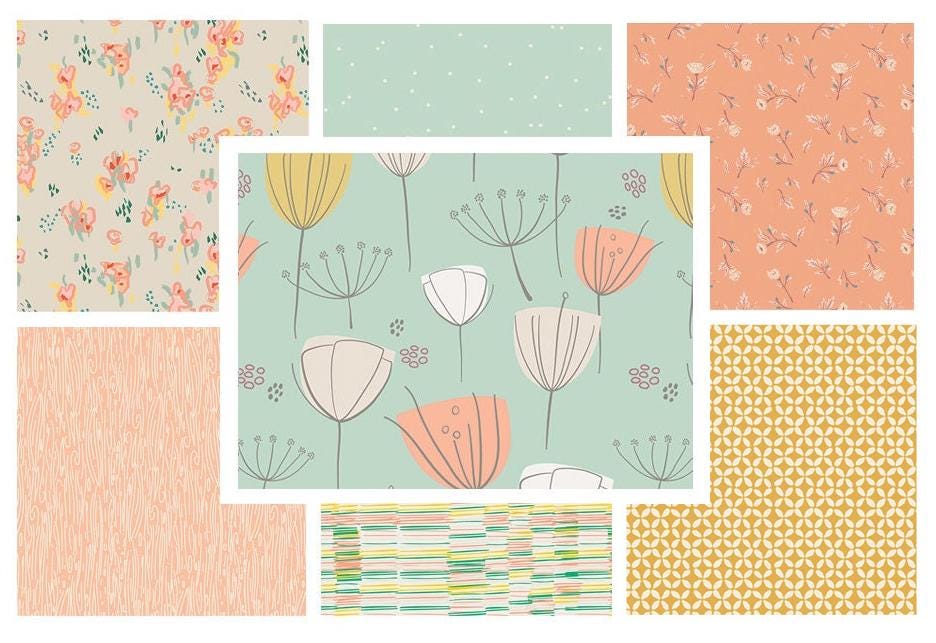 7 FABRIC BUNDLE -  (Mint Peach Yellow) - AGF - Bonnie Christine - Leah Duncan - Pastels Birds Flowers - Quilting Cotton