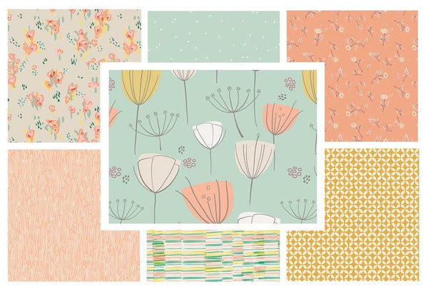 7 FABRIC BUNDLE -  (Mint Peach Yellow) - AGF - Bonnie Christine - Leah Duncan - Pastels Birds Flowers - Quilting Cotton