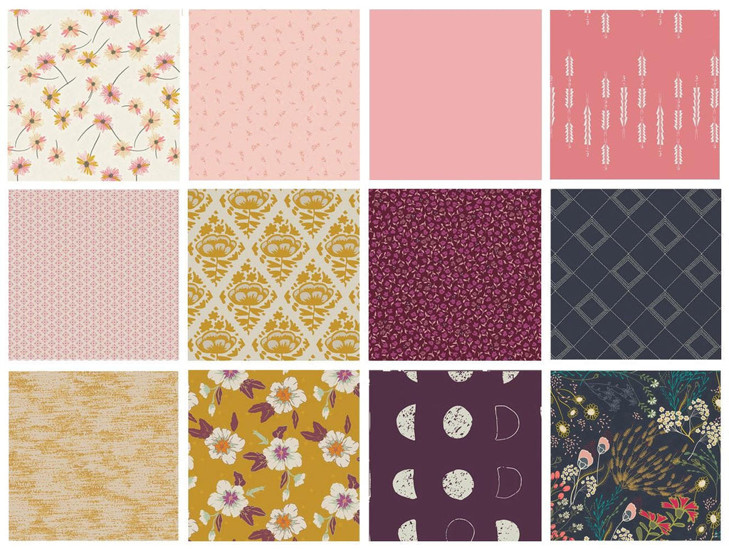Navy Gold Pink Boho Fabrics for Quilting | Nature Theme | Autumn Vibes Indie Folk | Modern Floral Fat Quarters | Art Gallery