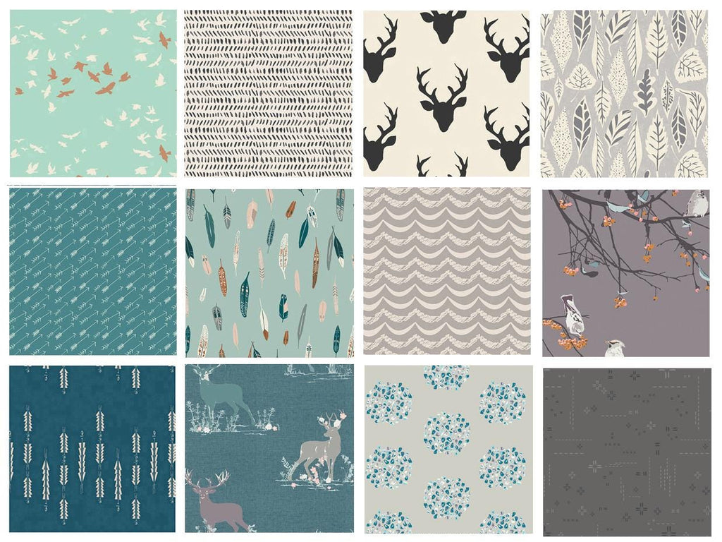 Teal and Gray Woodland Quilt Bundle | Hello Bear | Blithe | Deer Heads | Forest Animals Fabric Bundle | Trees Owls | Art Gallery Fabrics