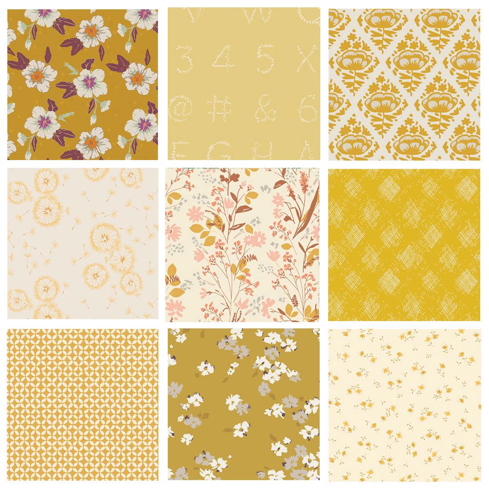 Gold Yellow Floral Fabrics in Fat Quarter Half Yard Bundles | Autumn Vibes by Maureen Cracknell | Art Gallery Single Color Quilt Pack | AGF