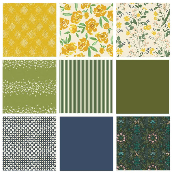 Field Day Curated Bundle | Yellow Green Navy | Summer Quilt Fabrics with Flowers | Various Art Gallery Fabrics and Designers