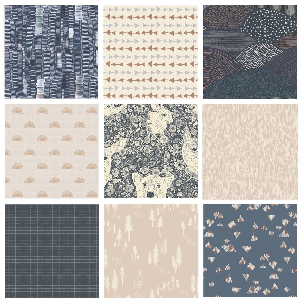At the Edge of the Woods Curated Bundle | Fabrics for Boy's Nursery | Navy Gray Beige Animal Fabric | Various AGF Designers and Collections