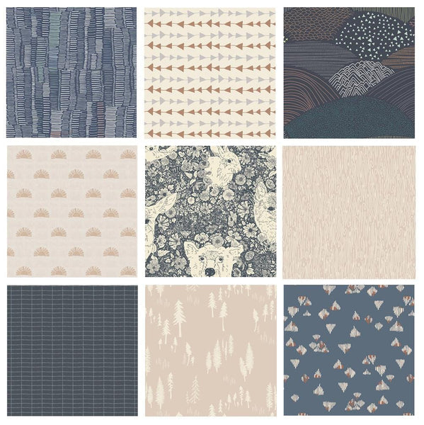 At the Edge of the Woods Curated Bundle | Fabrics for Boy's Nursery | Navy Gray Beige Animal Fabric | Various AGF Designers and Collections
